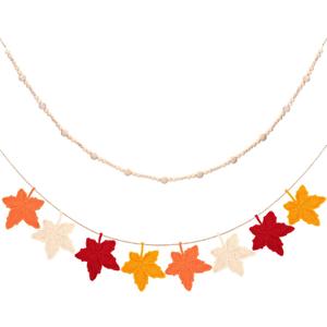 Vitalcozy 2 Pcs 6.6 ft Thanksgiving Garland Decorations Crochet Maple Leaf and Wooden Beads Banner 8 Maple Leaves Fall Autumn Thanksgiving Party Decor for Mantel Fireplace Living Dining Farmhouse