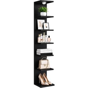 7-Tier LED Floating Wall Shelf, Heavy-Duty Tall Storage Shelf Unit with Remote Control, Large Freestanding Bookshelf for Bedroom Living Room Home Office, Easy Assembly,Black, 76.5"H