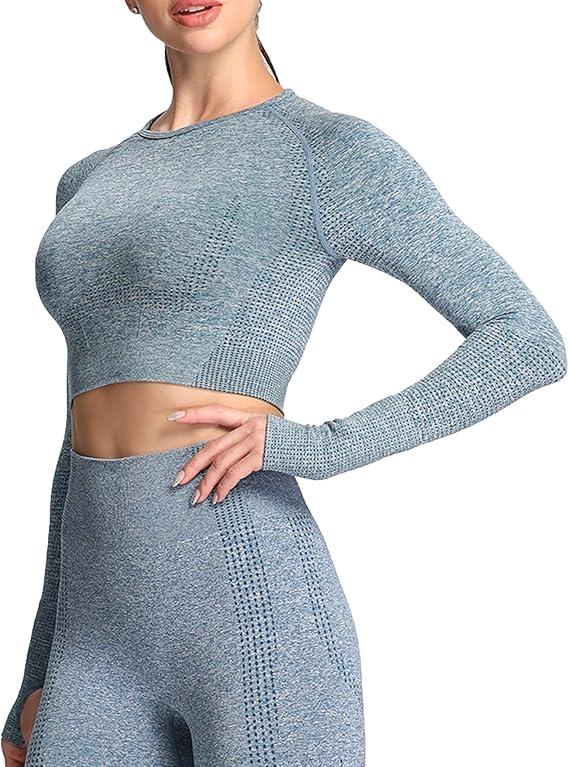 Aoxjox Long Sleeve Crop Tops for Women Workout Seamless Cropped T Shirt Top, XL