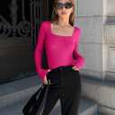 OQQ Women's 2 Piece Bodysuits Sexy Ribbed One Piece Square Neck Long Sleeve Tops (S)