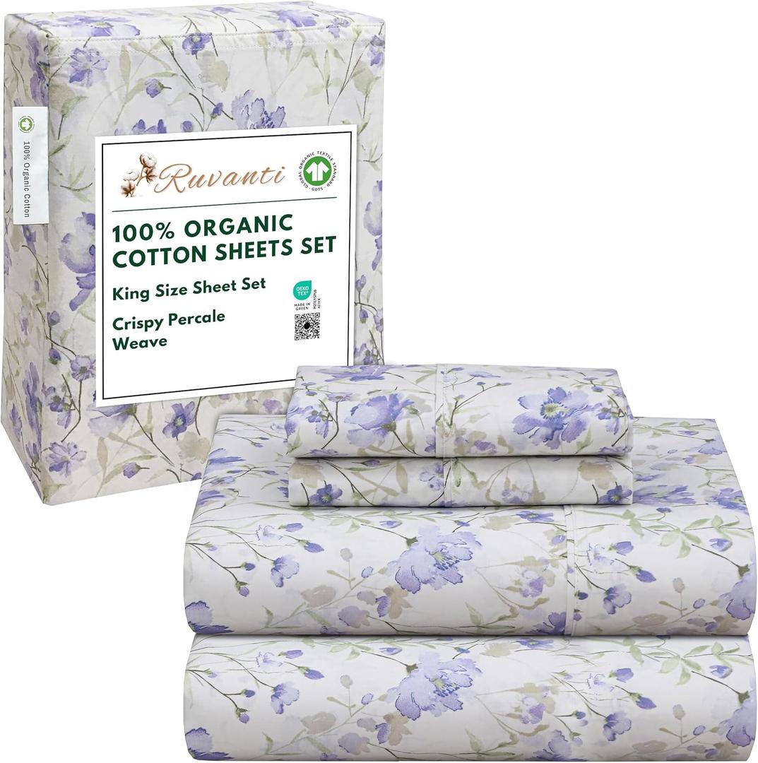 RUVANTI 100% Organic Cotton Sheets King Size, Percale Weave, GOTS Certified, 4-Piece Set, Deep Pocket 15", Crisp & Breathable, Soft Durable Bedding, Sbanas Algodn Orgnico  Heather
