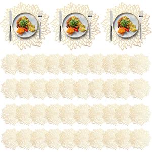 Chengu 100 Pieces Round Pressed Vinyl Placemats Metallic Hollow Out Leaf Flower Table Mats Decorative Wedding Round Placemat for Holiday Party Reception Home Kitchen Dining Table(Gold)