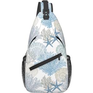 Abstract Marine Theme Crossbody Sling Bag for Women Men Nautical Coastal Starfish Seashell Mollusk Coral Sling Backpack Casual Shoulder Bag Cute Hand Drawn Underwater Plants Hiking Daypack (Blue Grey)
