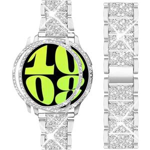 Mosonio Compatible with Samsung Galaxy Watch 7/6 Bands 40mm/44mm, 20mm Bling Metal Bands with Bling Protective Cover Case for Women, Shiny Watch Replacement Strap for Daily Wear (Silver)