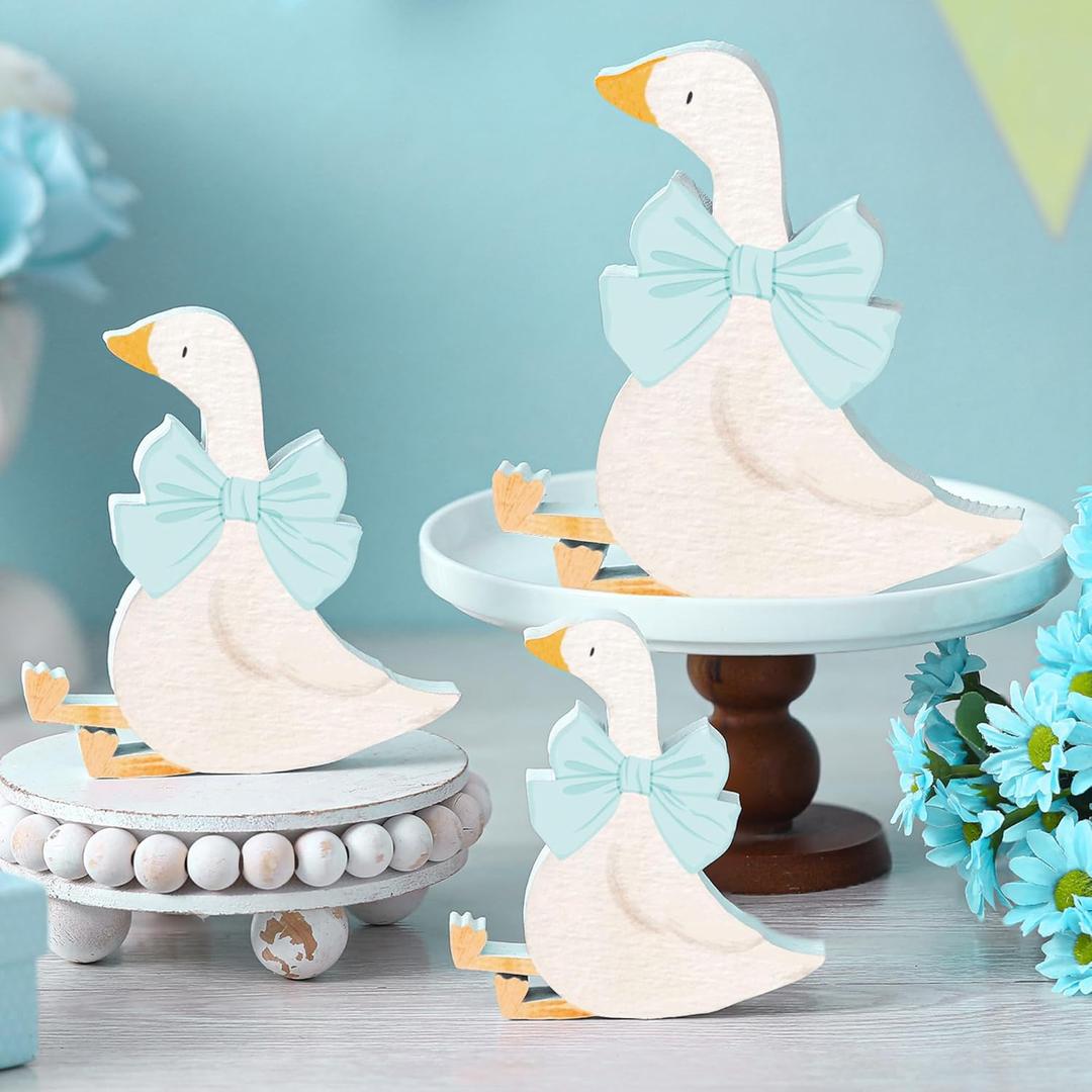 Lineshading 3 Pcs Silly Goose Birthday Party Decoration Blue Bow Wooden Silly Goose Decor Funny Table Centerpiece Gift for Party Favor Desk Tiered Tray, 5.9/4.7/3.9 Inch