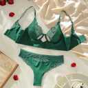 SOLY HUX Women's Lace Sheer Push Up Lingerie Underwire Bra and Panty Two Piece Underwear (Green, M)