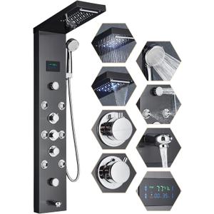 Shower Panel Wall Mount Shower Tower LED Rainfall Waterfall Showerhead Full Body Shower System with Adjust-angle Body Jets Contemporary Bathroom Shower Panels Stainless Steel, Black