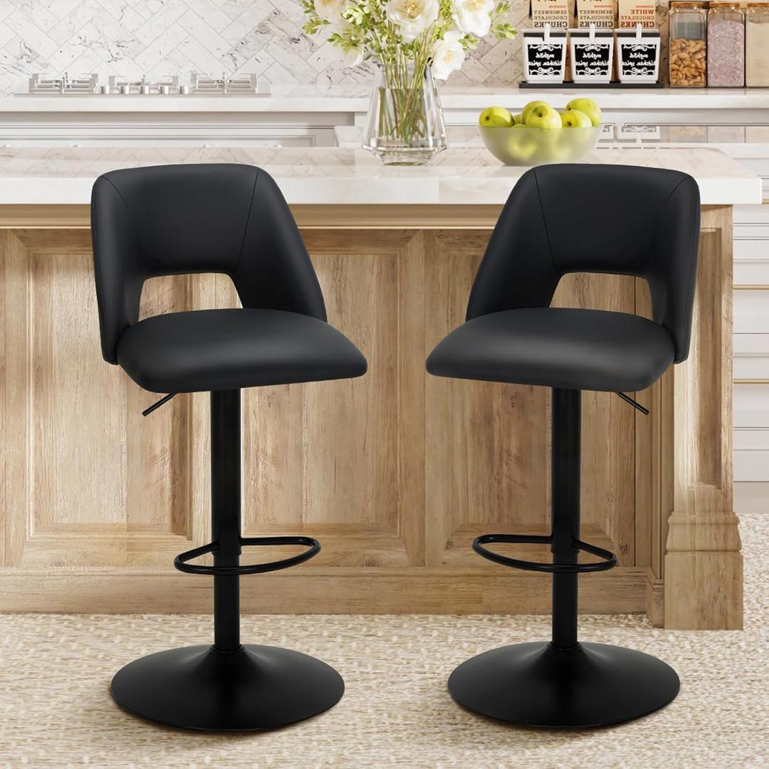 COLAMY Bar Stools Set of 2, Modern Swivel Bar Chairs, Adjustable PU Leather Upholstered Barstools Counter Height with Square Open Back for Bar, Dining Room, Kitchen Island, Black