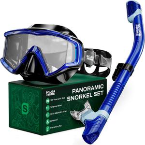 Scuba Prime Pano 3 180° Panoramic Dive Mask, Three-Window Tempered Glass Scuba Mask with Dry Top Snorkel, Dual-Layer Silicone Skirt Anti-Leak Diving Gear for Men Women Teens Adults, Ocean Blue