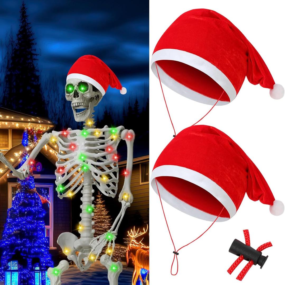 2 Pcs Giant 12 ft Skeleton Santa Hat 44 Inches Extra Large Adjustable Christmas Velvet Skeleton Costume Accessories (Red and White)