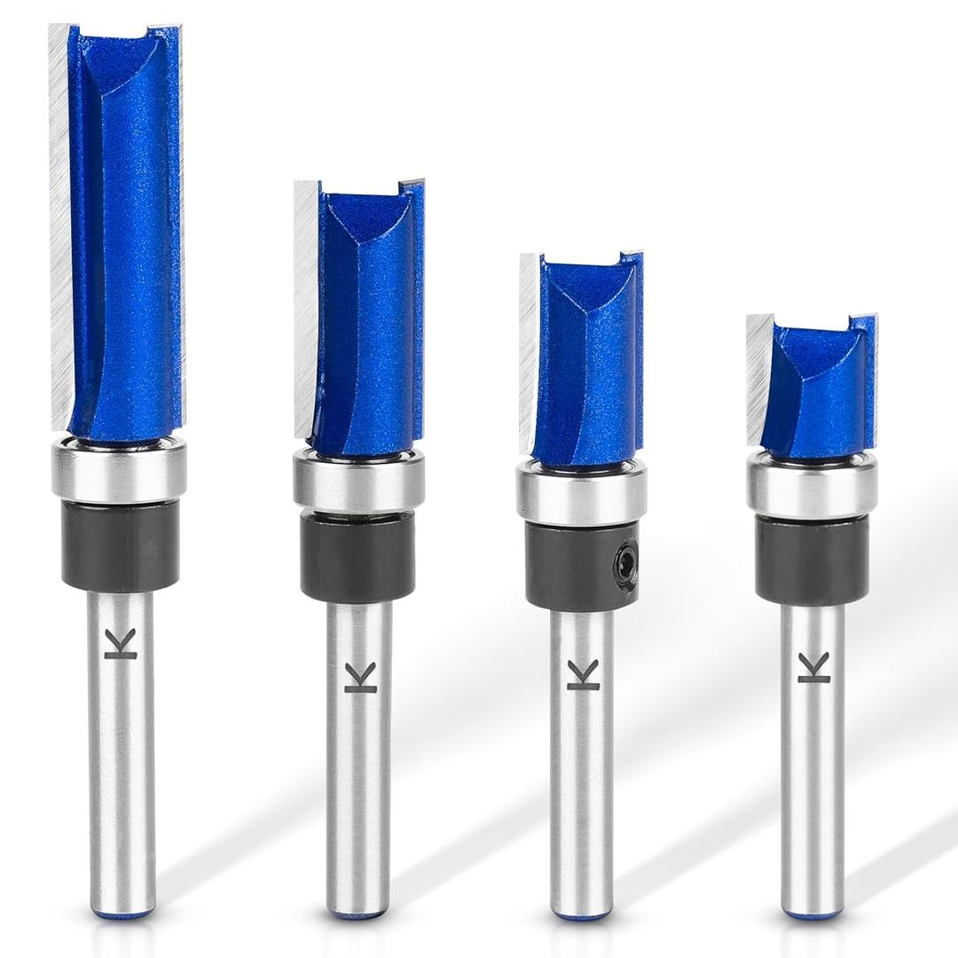 4Pcs Pattern Flush Trim Router Bits 1/4 Inch Shank, Bottom Bearing Carbide Flush Trim Cut Router bit Set, Cutting Diameter: 1/2", Cutting Length: 1/2", 3/4", 1", 1-1/2"