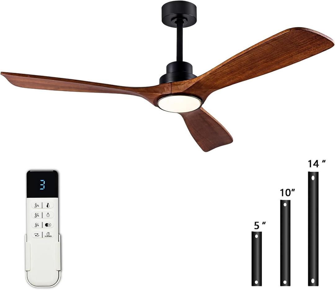 52" Wood Ceiling Fan with Light Remote Control(FCC) Quiet DC Motor 3 Blade Dimmable Ceiling Fans for Bedroom Living Room Indoors and Outdoors Dark Walnut (Walnut Blades+Matte Black Body)