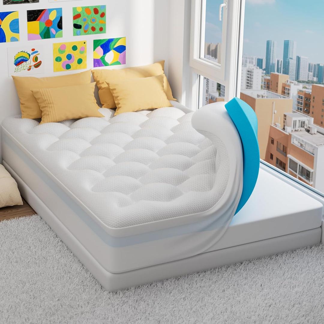 OhGeni Cooling 4 inch Dual Layer Full Mattress Topper, 2 inch Cooling Gel Memory Foam, 2 inch Down Alternative Pillow Top Pad, Mattresses Cover for Bed, Medium Support, Fits 6-19 Deep Pocket (White)