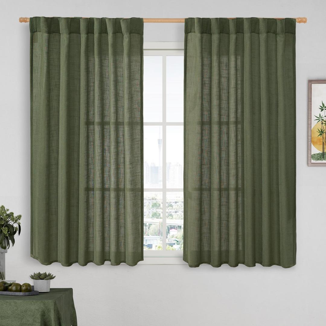 LAMIT Olive Green Light Filtering Linen Curtains 54 inches Long for Bedroom, Linen Textured Semi Sheer Back Tab and Rod Pocket Christmas Drapes for Living Room, 2 Panels, 52 x 54 Inch