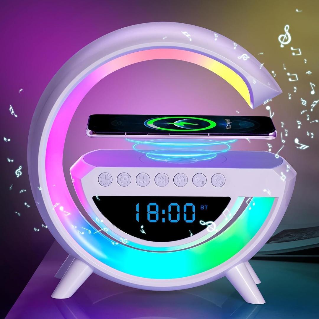 Smart LED Table Lamp with Wireless Charger Atmosphere Lamp, Bedside Lamp with Clock, Color Changing Sound Machine for Home Decor, Bedroom, Office