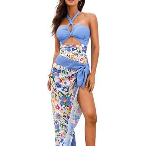 ChiaoLezhee Women's Tummy Control One Piece Swimsuit Matching Coverup Monokini with Sarong Wrap Skirt Set, Cheeky Cutout Tie Sexy Retro Halter Summer Beach Slimming Pool,Blue Floral,Large