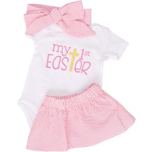 Unique Baby Girls 3 Piece Snuggle Bunny Easter Romper Outfit Set (6 Months, Pink)