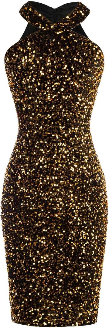 GRACE KARIN Sequin Dress for Women Sleeveless Sparkly Glitter Halter Dress Bodycon Mini Club Dresses 2025 (Medium, Black Gold)