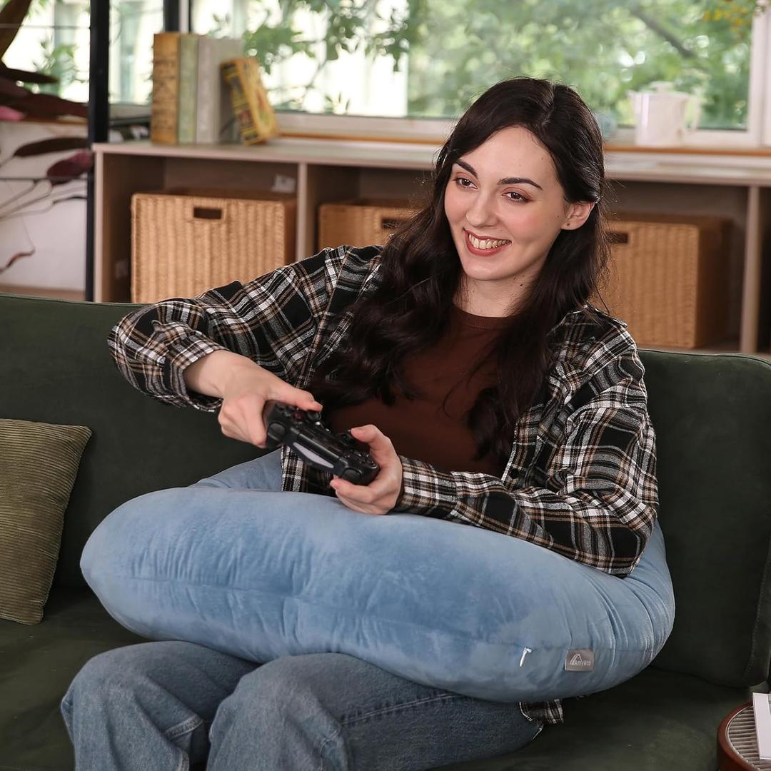 Ergonomic U-Shape Gaming & Lap Pillow - Crochet Pillow & Reading Support Pillow with Arm Relief, Comfort for Gamers, Crafters & Book Lovers (Blue)