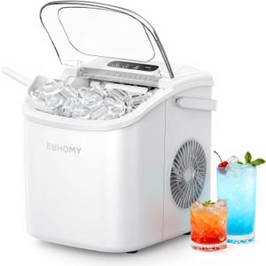 EUHOMY Countertop Ice Maker Machine with Handle, 26lbs Per Day, 9 Ice Cubes Ready in 6 Mins, Auto-Cleaning Portable Ice Maker with Basket and Scoop, for Home/Kitchen/Camping/RV (White)