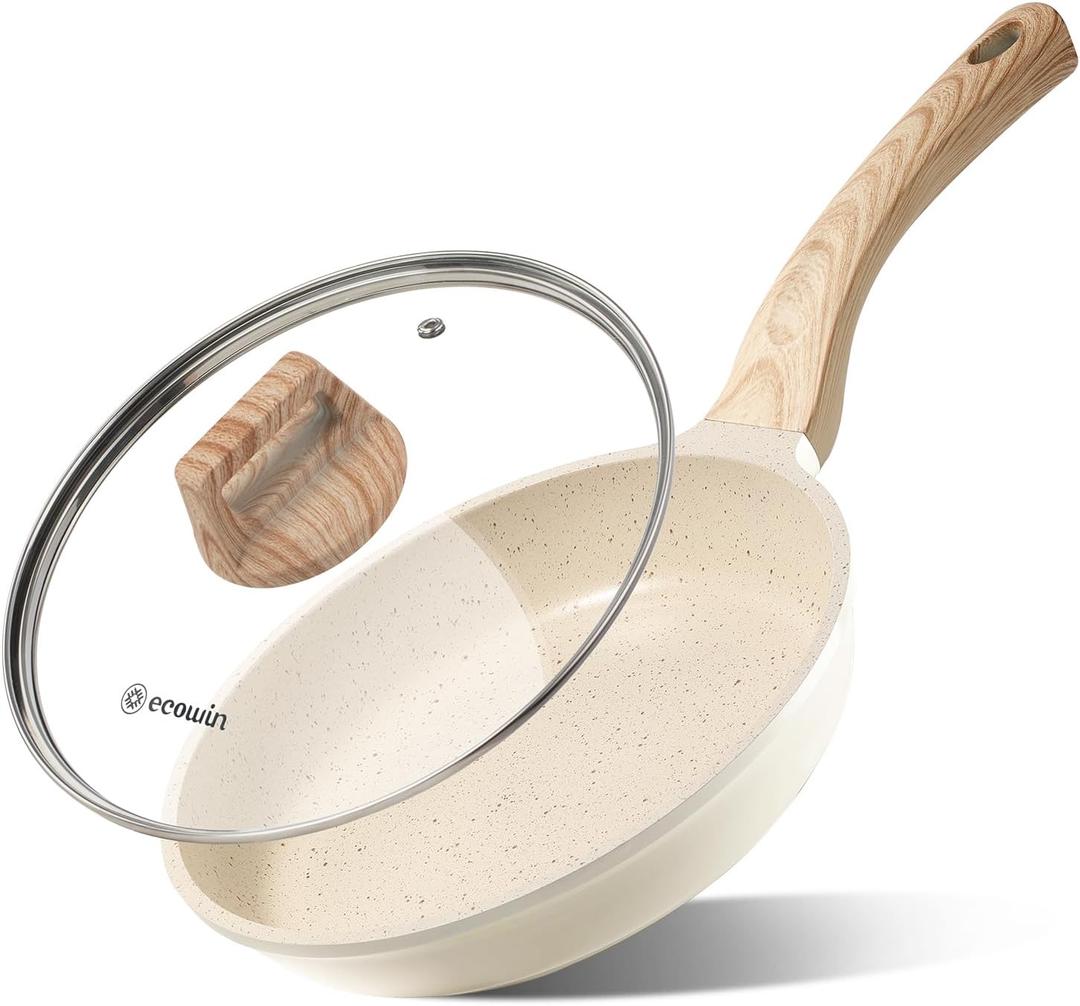 8 Inch Nonstick Frying Pan Skillet with Lid,Granite Non Stick Omelet Pans,Induction Compatible Egg Pan with Heat Resistant Handle,PFOA Free (White)