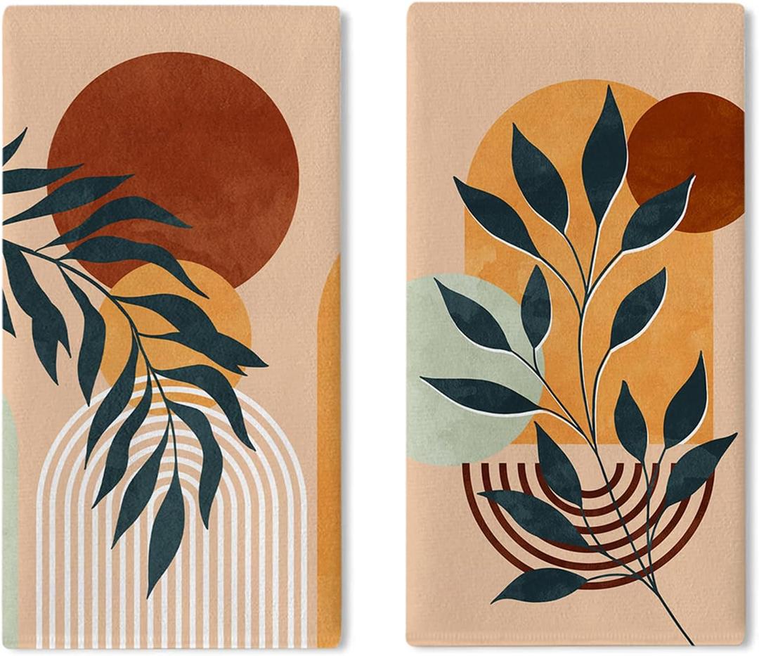 Boho Abstract Sunset Plant Kitchen Dish Towels Set of 2, Bohemian Leaves Drying Hand Towels Baking Cooking Cloth, Minimalist Modern Art Aesthetic Home Kitchen Decoration 18 x 26 Inch