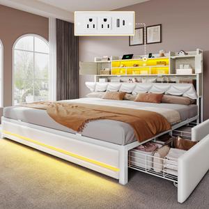 DWVO King Size Bed Frame with RGB LED Lights & Storage Bookcase Headboard, Upholstered Bed with Charging Station and 4 Drawers, No Box Spring Needed, Easy Assembly, Noise-Free, PU Leather White