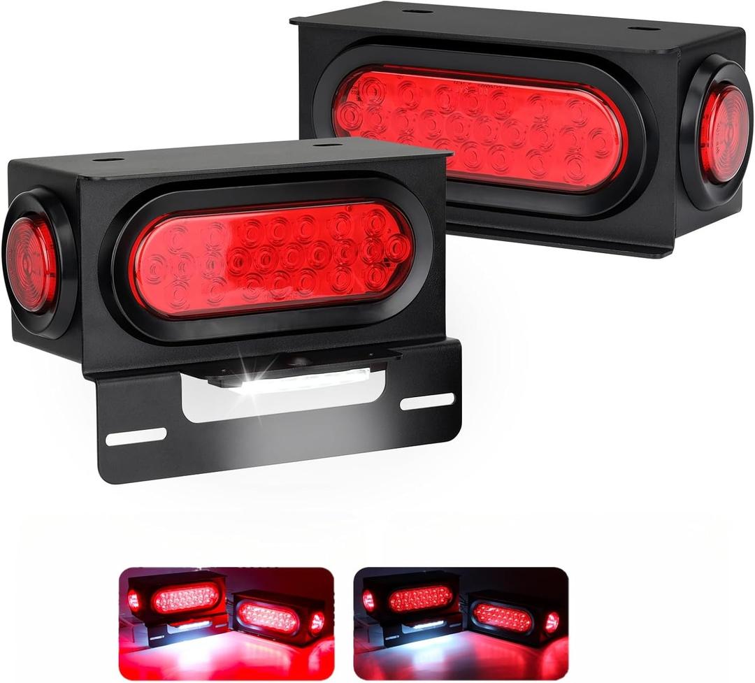 Steel Trailer Light Boxes Housing Kit, 6" Oval Red 24-LED Boat Trailer Lights Kit with Brake, Turning Signal, Reverse Lighting with 6 LED License Plate Light, 2" Round Red Side Marker Lights
