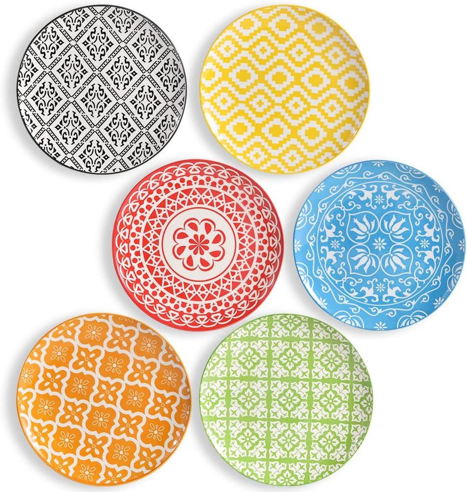 Dinner Plates Set of 6, 8 Inch Scratch Resistant Ceramic Plates, Dishwasher and Microwave Safe, Pasta Plate, Salad Plate, for Main Course, Boho style (Single Color)