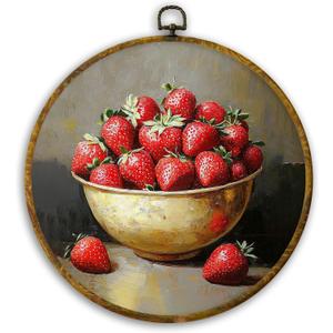 CUANFDDSF Moody Strawberry Cottage Kitchen Round Wall Art, Still Life Country Kitchen Wall Hanging Frame Decor, Vintage Fruit Farmhouse Canvas Prints Decorations for Home Dining Room, 10x10 Inch (Colour 05)