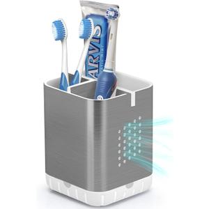 Boperzi Toothbrush Holder Toothpaste Organizer Drainage for Bathroom Vanity, Detachable Anti-Slip Brushed Nickel Toothpaste Storage Caddy 3 Slots with Drainage Holes for Makeup Brush Razor Stand (Silver)