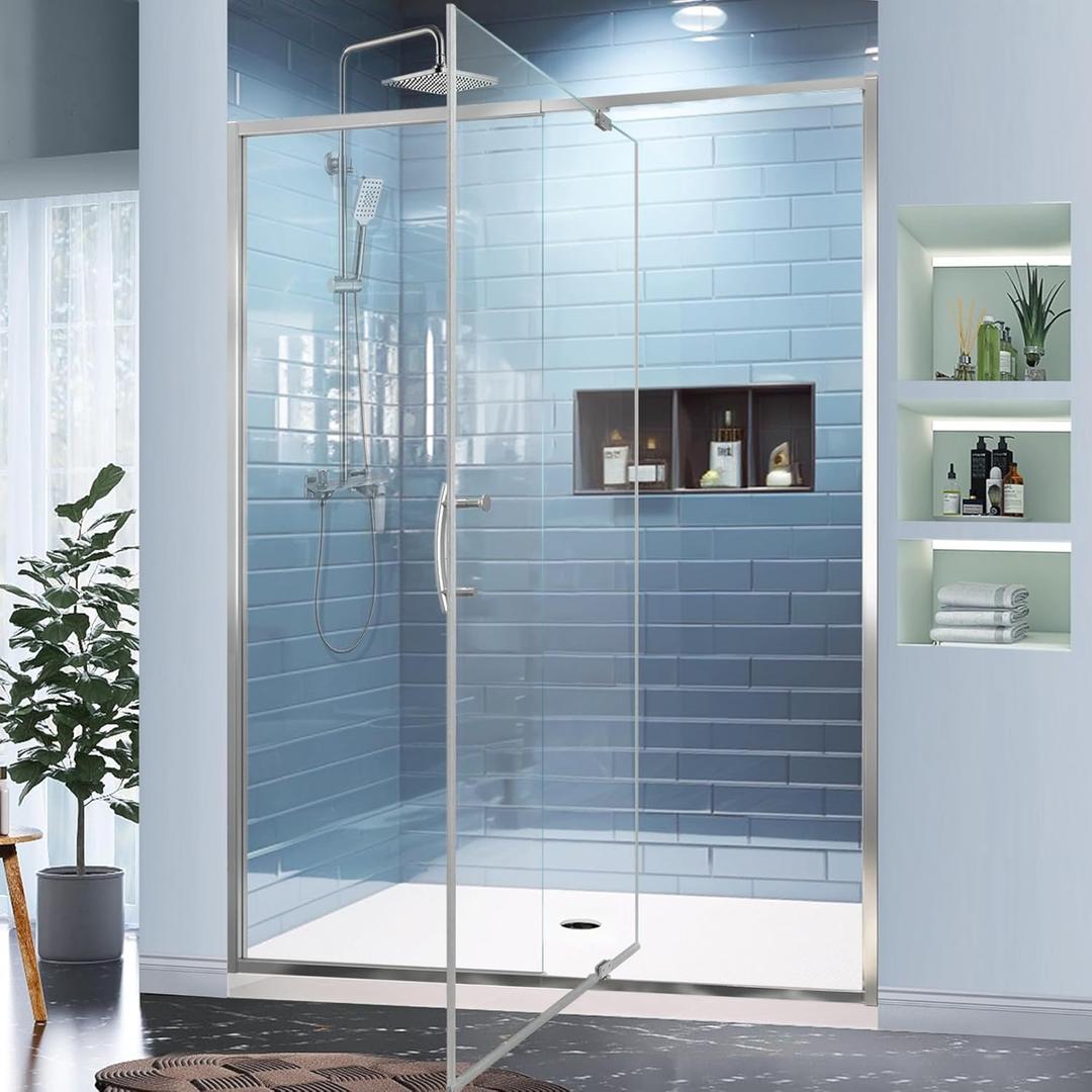 GroGro 56-60" W x 71" H Semi-Frameless Pivot Glass Shower Door, 1/4"(6mm) Clear SGCC Tempered Glass,Chrome Finish,Reversible Installation