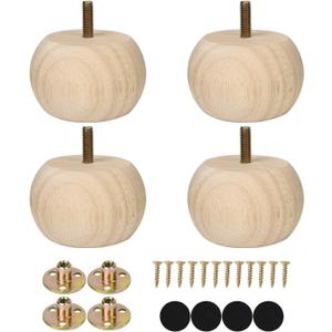 Maricome 2 Inch Bun Feet for Furniture Unfinished Solid Hardwood Round Ottoman/Couch/Sofa Legs Set of 4 M8 Bolt Predrilled