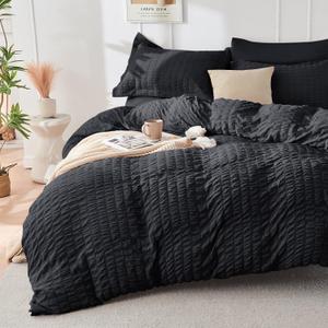 HYMOKEGE Black Duvet Cover Queen Size, Ultra Soft 3-Piece Seersucker Duvet Cover Set with Zipper Closure, Soft Brushed Microfiber Bedding Set with 8 Corner Ties (90"x90", 2 Pillowshams)