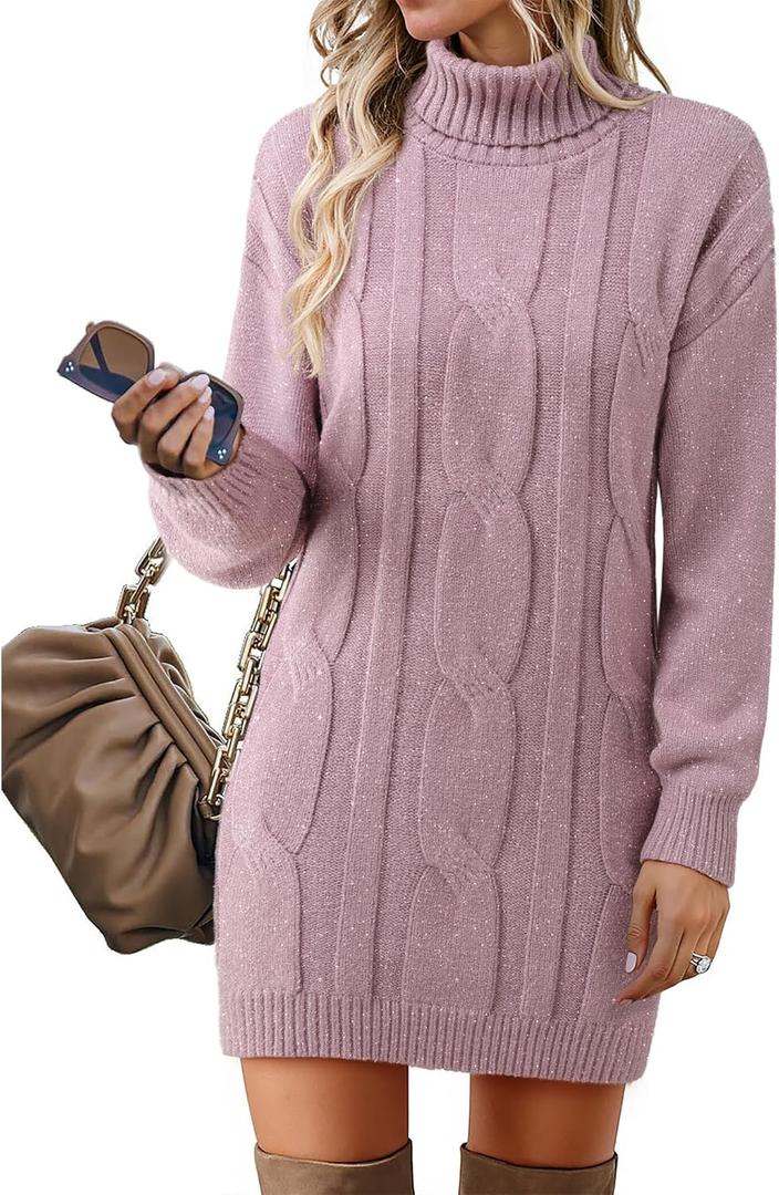 VAFOLY Womens Long Sleeve Turtleneck Sweater Dresses Ribbed Knit Stretchy Midi Casual Dress (Small, Purple)