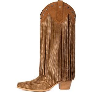 AIJIVOU Women's Rhinestone Fringe Cowgirl Boots, Sparkly Western Cowboy Boots Pointed Toe Knee Block Chunky Middle Heel Pull On Mid Calf Boots for Women Girl Party (11, Brown) AIJIVOU Women's Rhinestone Fringe Cowgirl Boots, Sparkly Western Cowboy Boots Pointed Toe Knee Block Chunky Middle Heel Pull On Mid Calf Boots for Women Girl Party (11, Brown)