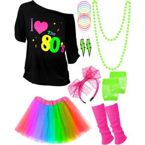 Blulu 80s Costume Accessories Outfit Set for Women T-shirt Tutu Skirt Leg Warmers Headband Earring Necklace Fishnet Gloves (Small, Black With Rainbow) Blulu 80s Costume Accessories Outfit Set for Women T-shirt Tutu Skirt Leg Warmers Headband Earring Necklace Fishnet Gloves (Small, Black With Rainbow)