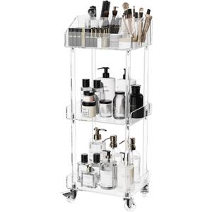 Aquiver Acrylic Makeup Organizer Storage Cart - 3 Tier Rolling Makeup Cart Vanity Organizer - Cosmetics Display Cases Holder for Skincare Cosmetics, 11.8'' L x 9.8'' W x 31.7'' H, Clear