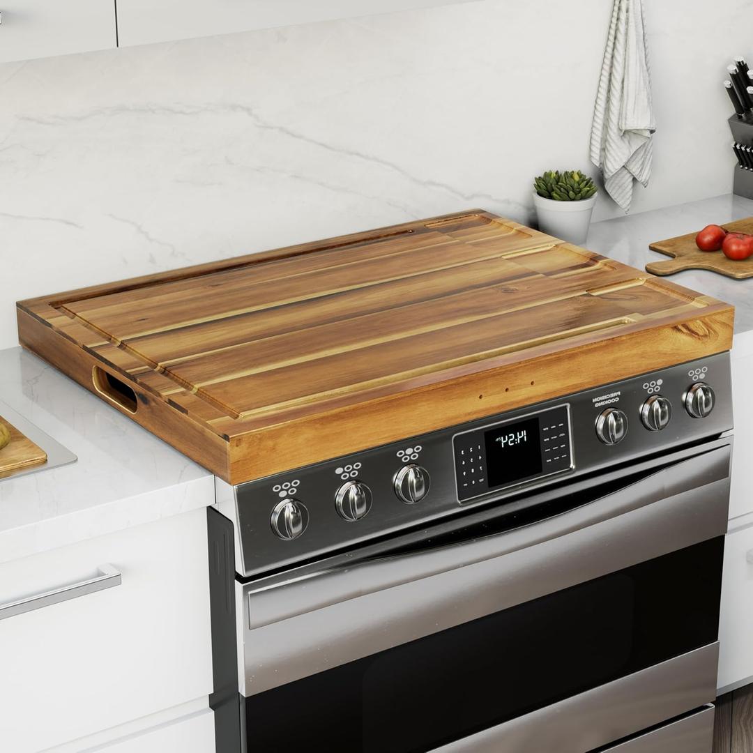 BLUEWEST Noodle Board Stove Cover with Handles, 3 in 1 Wood Stove Top Covers Board for Gas Burners and Electric Stove, Wooden RV Stovetop Cover, Tray for Kitchen Counter Space (Warm Acacia)
