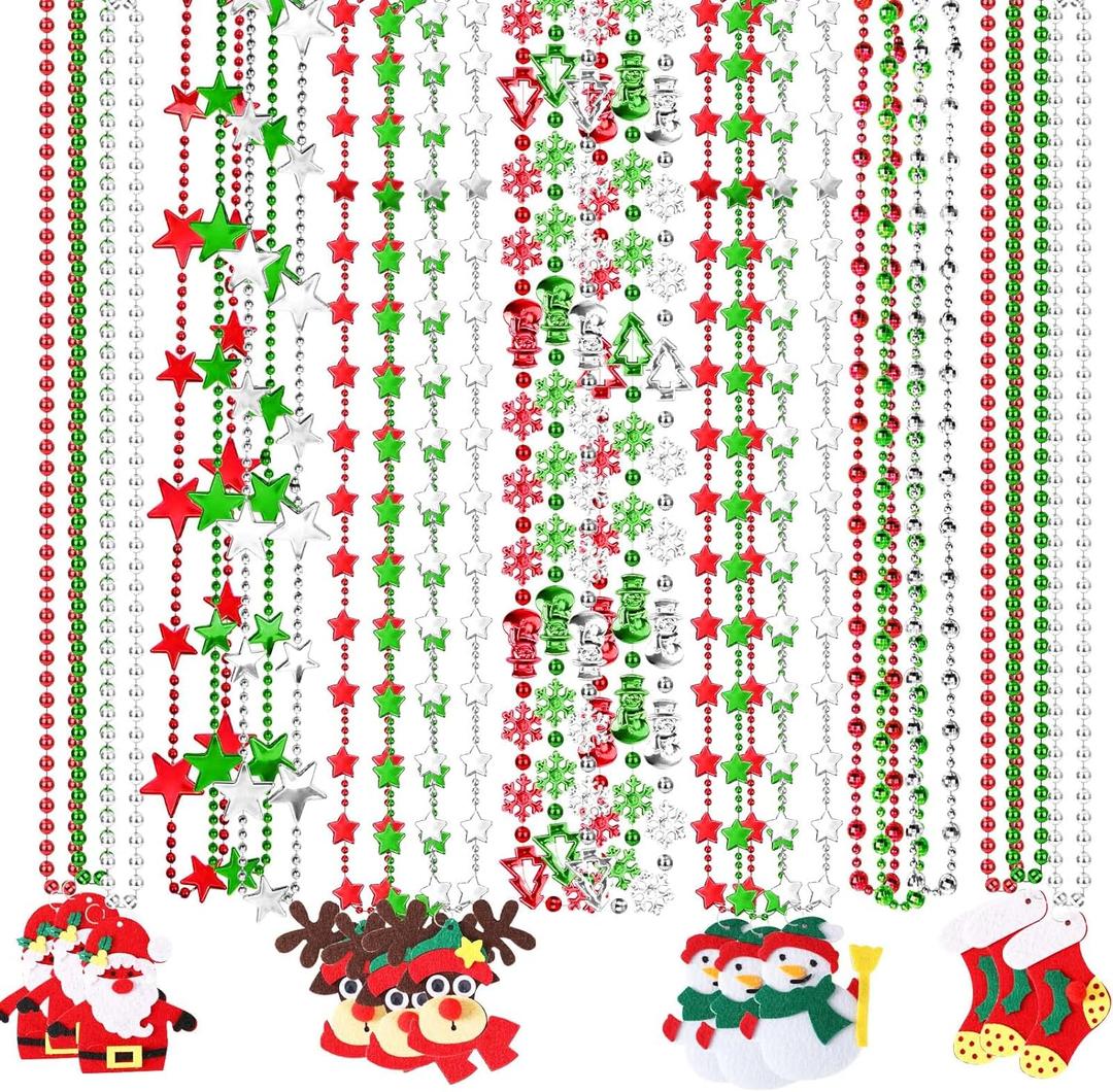 NOVWANG 21Pcs Christmas Necklaces Metallic Bead Red White Green Necklace with Santa Claus Christmas Tree Snowman Elk Snowflake for Memorial Day Party Favors Supplies Decorations, 7 Style