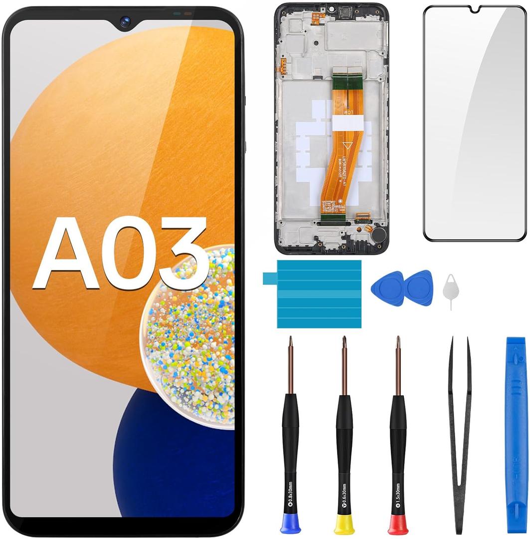Screen Replacement for Samsung Galaxy A03 LCD Display Touch Digitizer Full Assembly with Frame Side Button Ear Speaker Vibration Motor Glass Repair Tools Kit SM-A035F (A035F A035M)