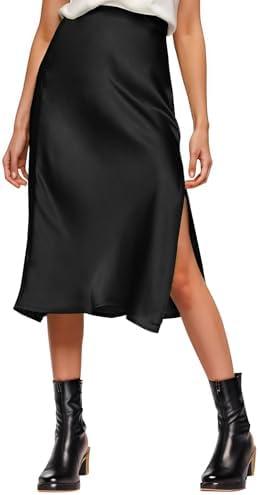 Womens Satin Silk High Waist Slit Midi Skirt Elastic Waistband Midi Skirts for Women (Black, Large)