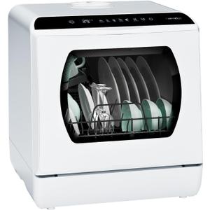 Hermitlux Portable Countertop Dishwashes, 5 Washing Programs Mini Dishwasher with 5-Liter Built-in Water Tank for Apartments & RVs, Tabletop Dishwasher with LED Light & Glass Door, No Hookup Needed