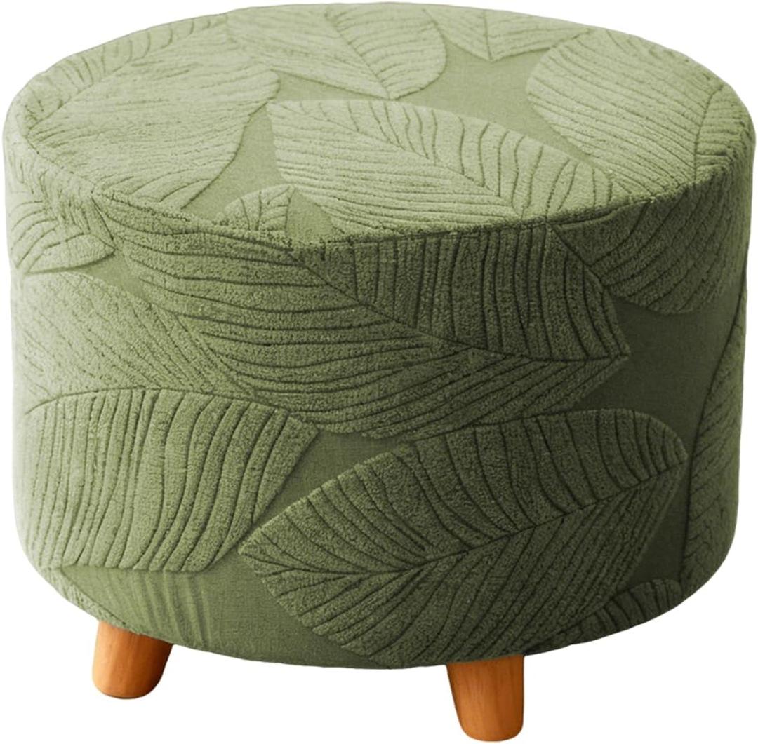 Round Ottoman Cover Stretch Round Ottoman Storage Slipcover Leaves Jacquard Folding Footrest Stool Furniture Protector Cover with Elastic Bottom for Living Room Set of 1 Olive Green