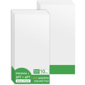 STICKGOO Drop Ceiling Tiles 2ft x 4ft, White PVC Ceiling Panels, Soomth Ceiling Tiles 24 x 48in, Waterproof - Fire-Rated to Prevent Breakage Cover 80 Sq. Ft, Pack of 10 Tiles (10 Pack of 2ft x 4ft)