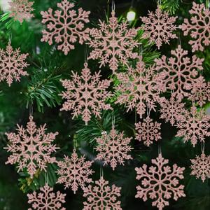 36pcs Christmas Rose Gold Snowflake Ornaments Plastic Glitter Snow Flakes Ornaments for Winter Christmas Tree Decorations Size Varies Craft Snowflakes