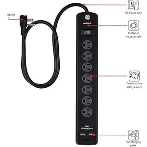GE Pro 7-Outlet Surge Protector, 2 USB Ports, 3 Ft Power Cord, 1300 Joules, Flat Plug, Twist to Close Safety Covers, Indicator Light, Power Filter, Circuit Breaker, UL Listed, Black, 33664