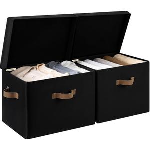 StorageWorks Fabric Storage Bins with Lid, Decorative Storage Boxes for Shelves, Stackable Closet Organizer Basket with Handles, Jumbo, Black, 2-Pack