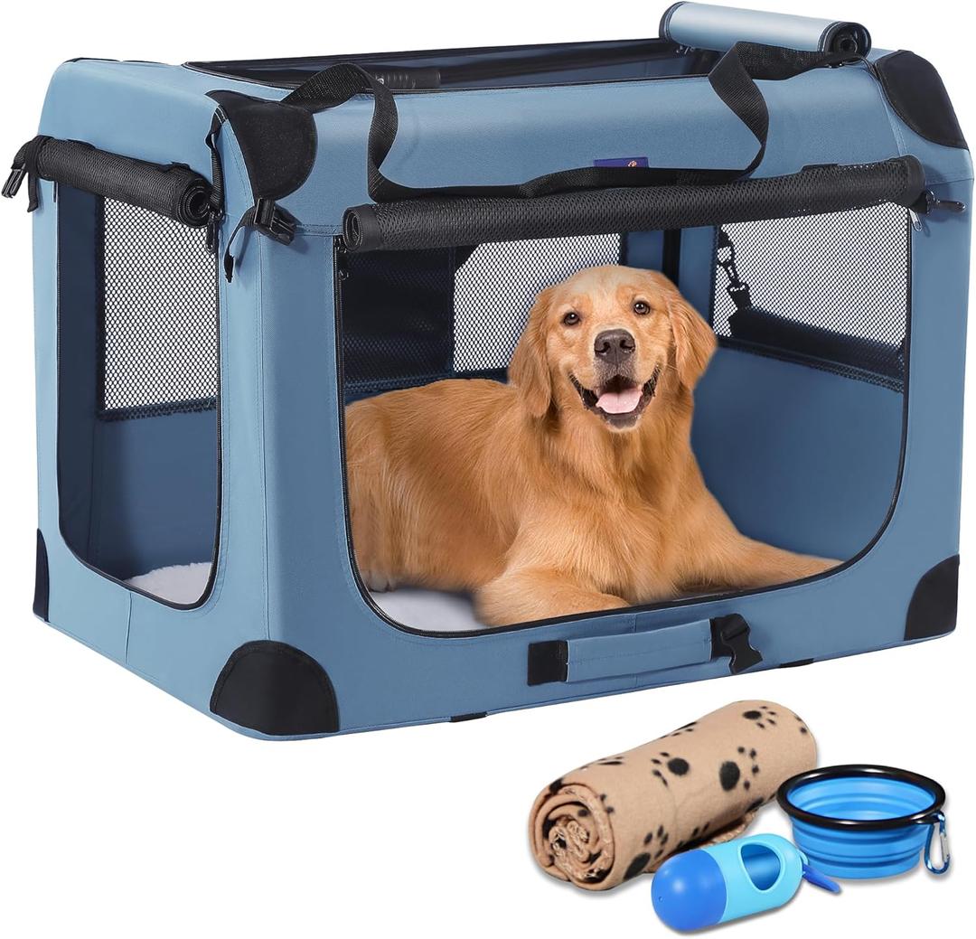 Petprsco Soft Collapsible Dog Crate, 40 inch Portable Dog Crates for Large Dogs, XL Dog Crate for Travel, 3 Door Foldable Pet Kennel with Durable Mesh Windows Indoor & Outside (Blue)