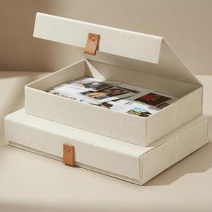 Decorative Photo Storage Boxes with Lids - Set of 2 Beautiful Linen Organizers Are Perfect to Safely Store Your Pictures, Documents, Scrapbooking Supplies, Keepsakes and Other Memories in Style (Ivory)
